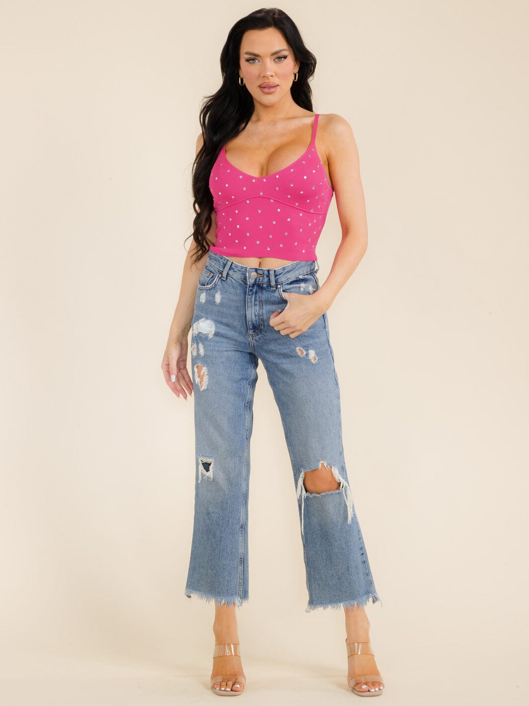 WOMEN'S SLEEVELESS V-NECK STUDS DETAILED CAMI TOP