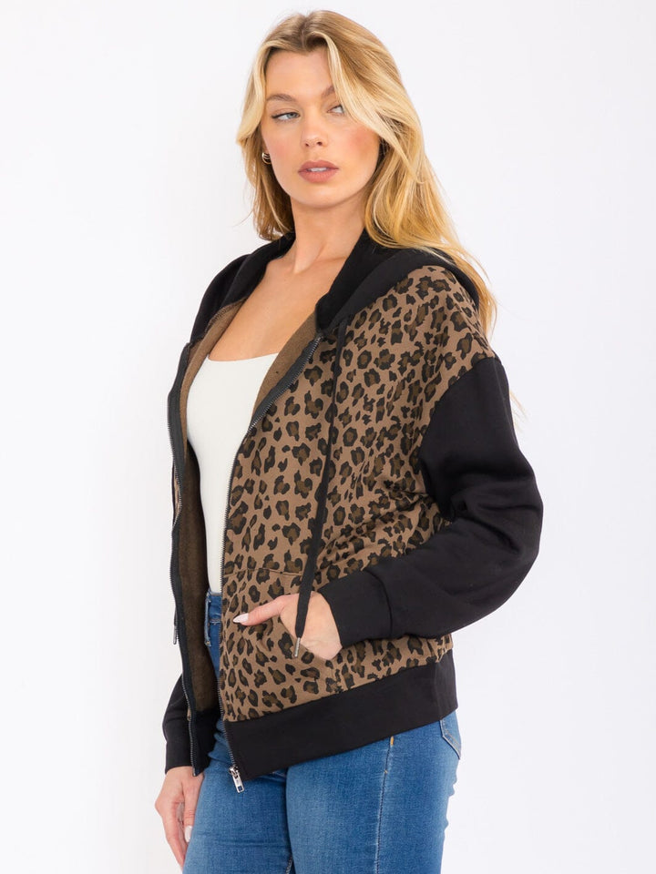 WOMEN'S LONG SLEEVE ZIP UP FRONT POCKETS ANIMAL PRINT HOODED JACKET