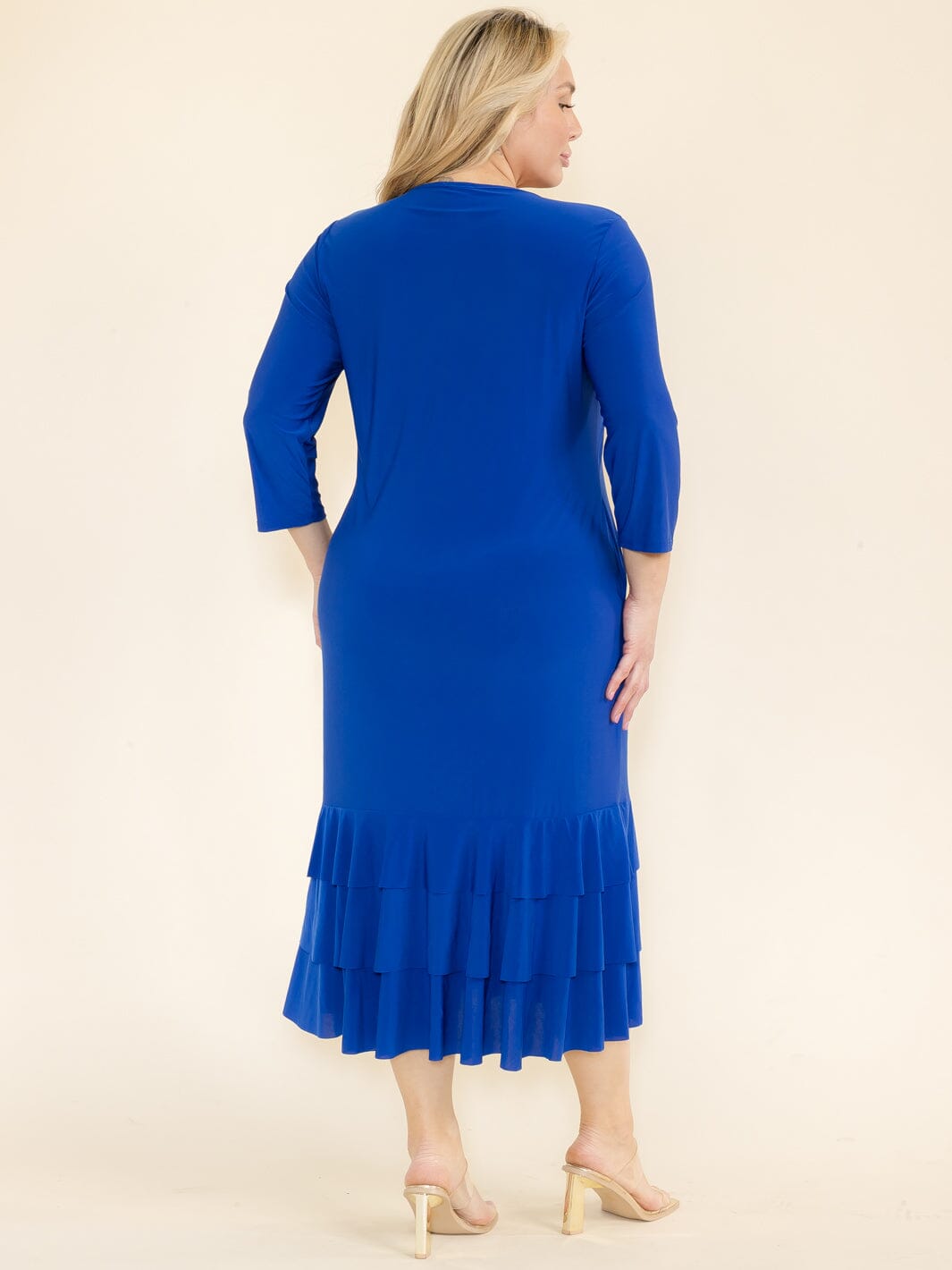 PLUS SIZE 3/4 SLEEVE FRONT POCKETS TIERED RUFFLE BOTTOM HEM MAXI DRESS