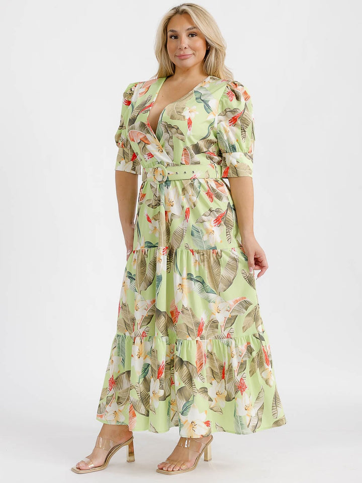 PLUS SIZE SHORT PUFF SLEEVE SURPLICE TIERED FLORAL BELTED MAXI DRESS