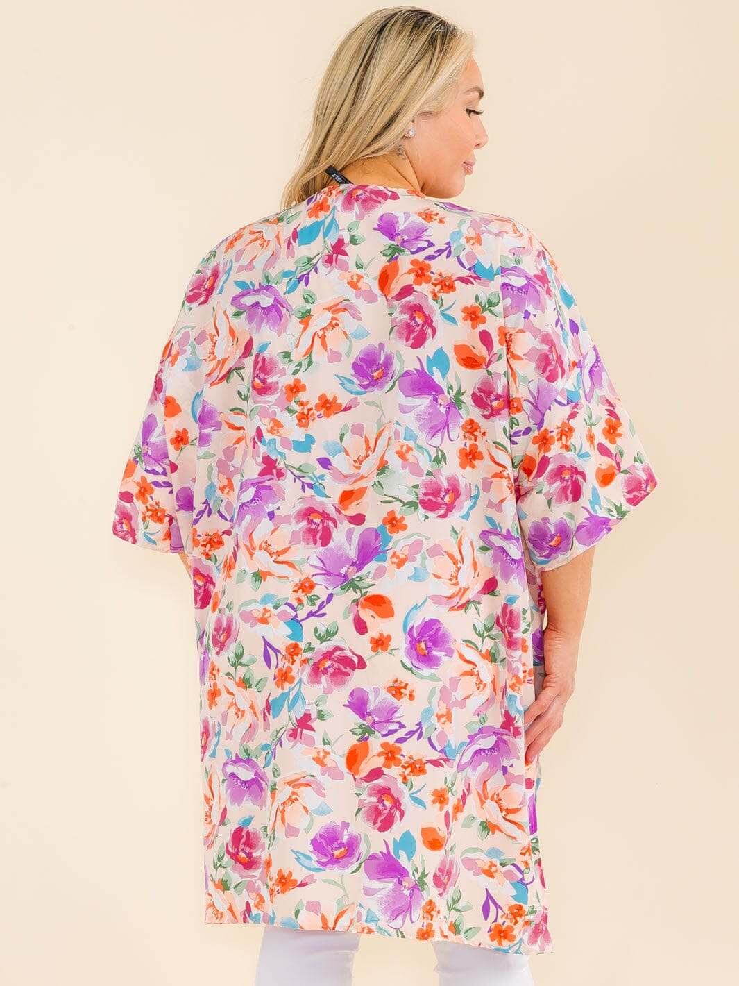 PLUS SIZE SHORT SLEEVE OPEN FRONT FLORAL PRINT CARDIGAN