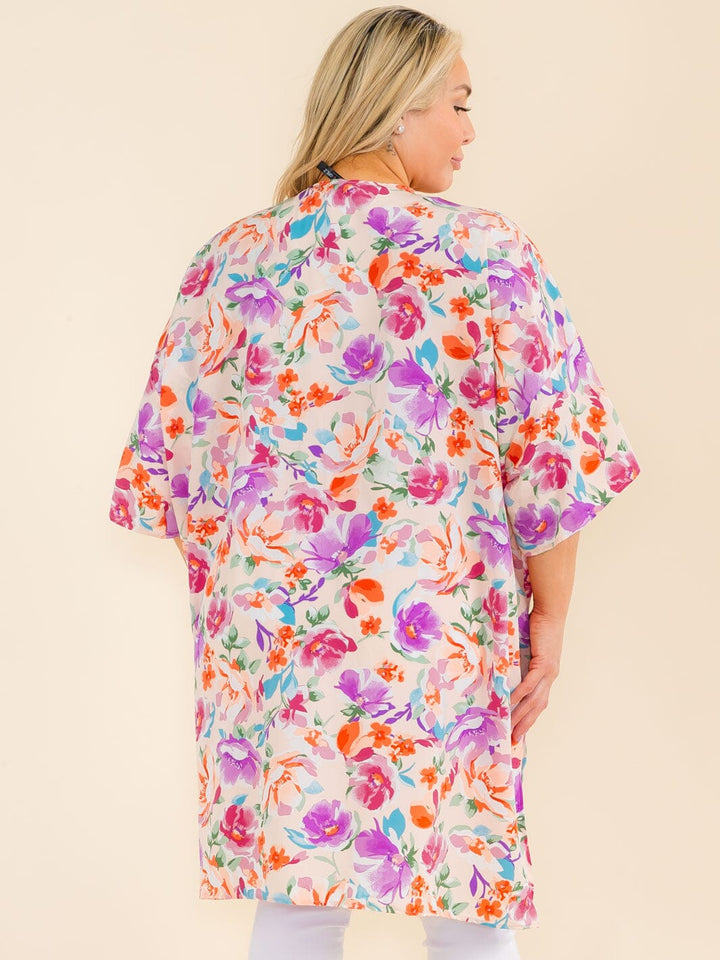 PLUS SIZE SHORT SLEEVE OPEN FRONT FLORAL PRINT CARDIGAN