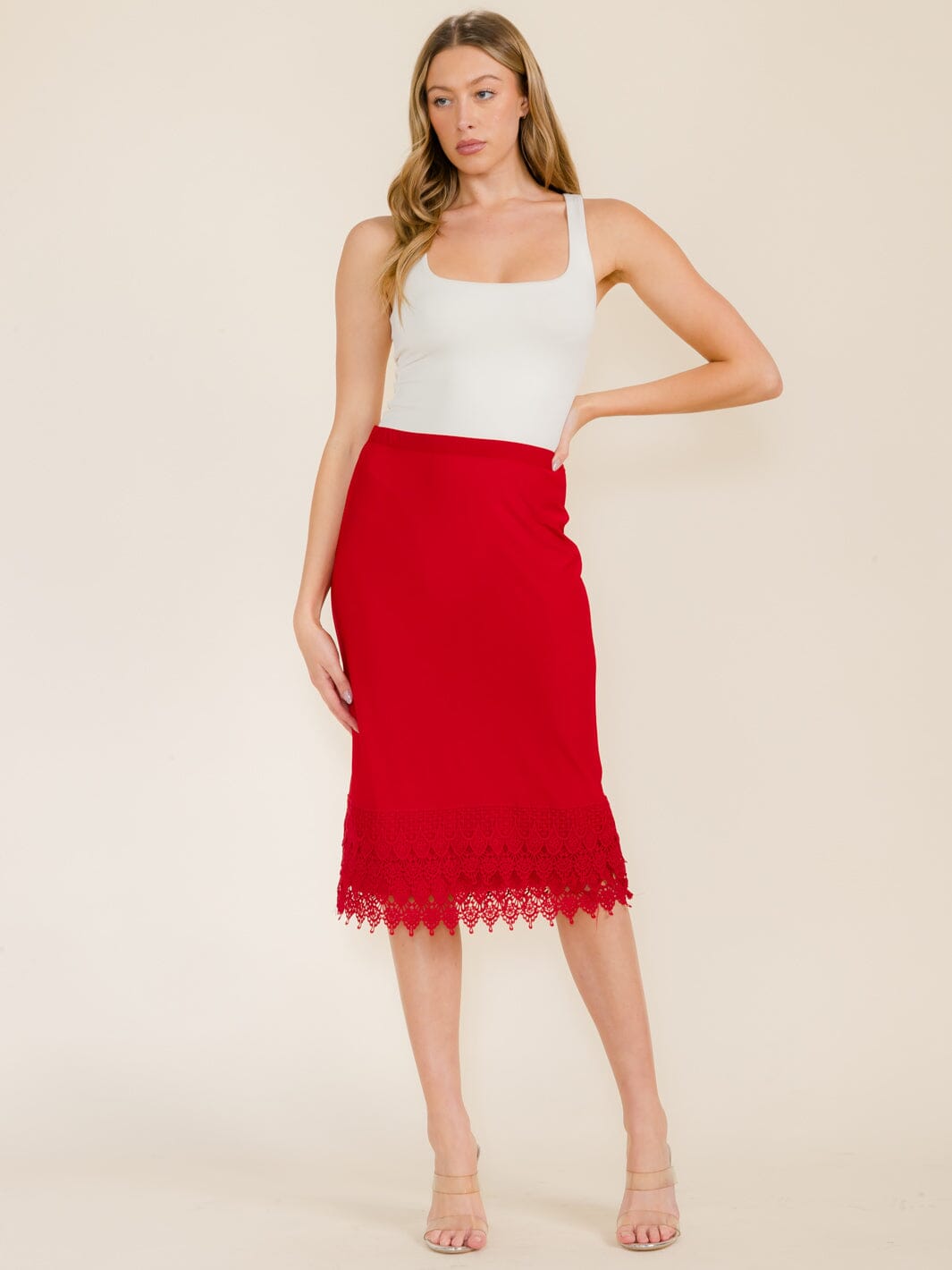 WOMEN'S ELASTIC WAIST CROCHET BOTTOM HEM MIDI SKIRT