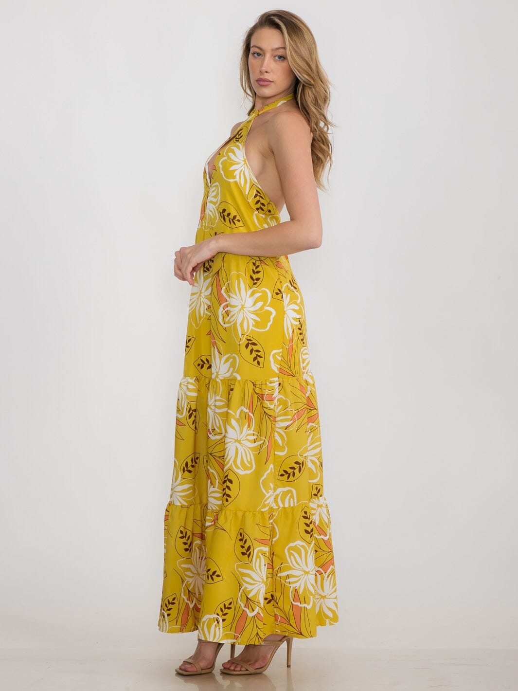 WOMEN'S SLEEVELESS HALTER NECK OPEN BACK FLORAL MAXI DRESS