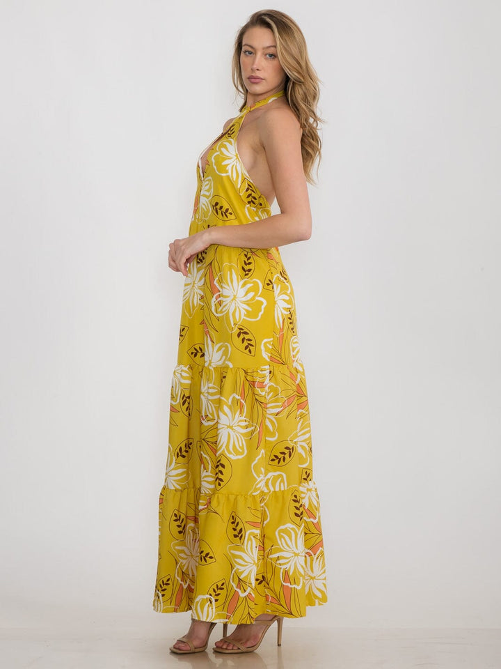 WOMEN'S SLEEVELESS HALTER NECK OPEN BACK FLORAL MAXI DRESS