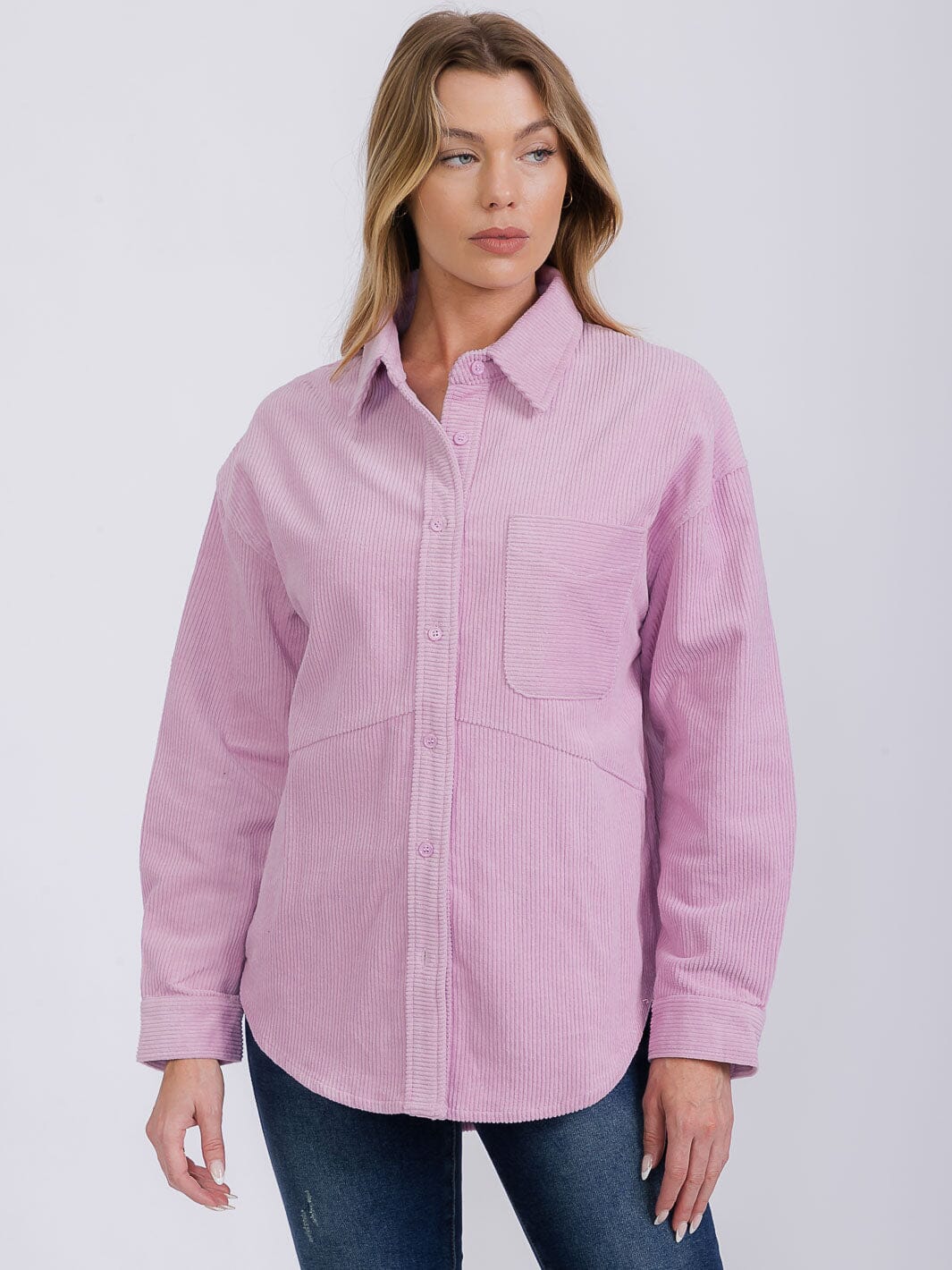 WOMEN'S LONG SLEEVE BUTTON CLOSURE FRONT POCKET CORDUROY TOP