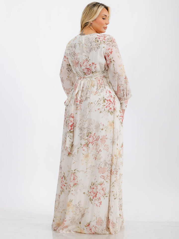 PLUS SIZE LONG SLEEVE SURPLICE SELF TIE FLORAL MAXI DRESS
