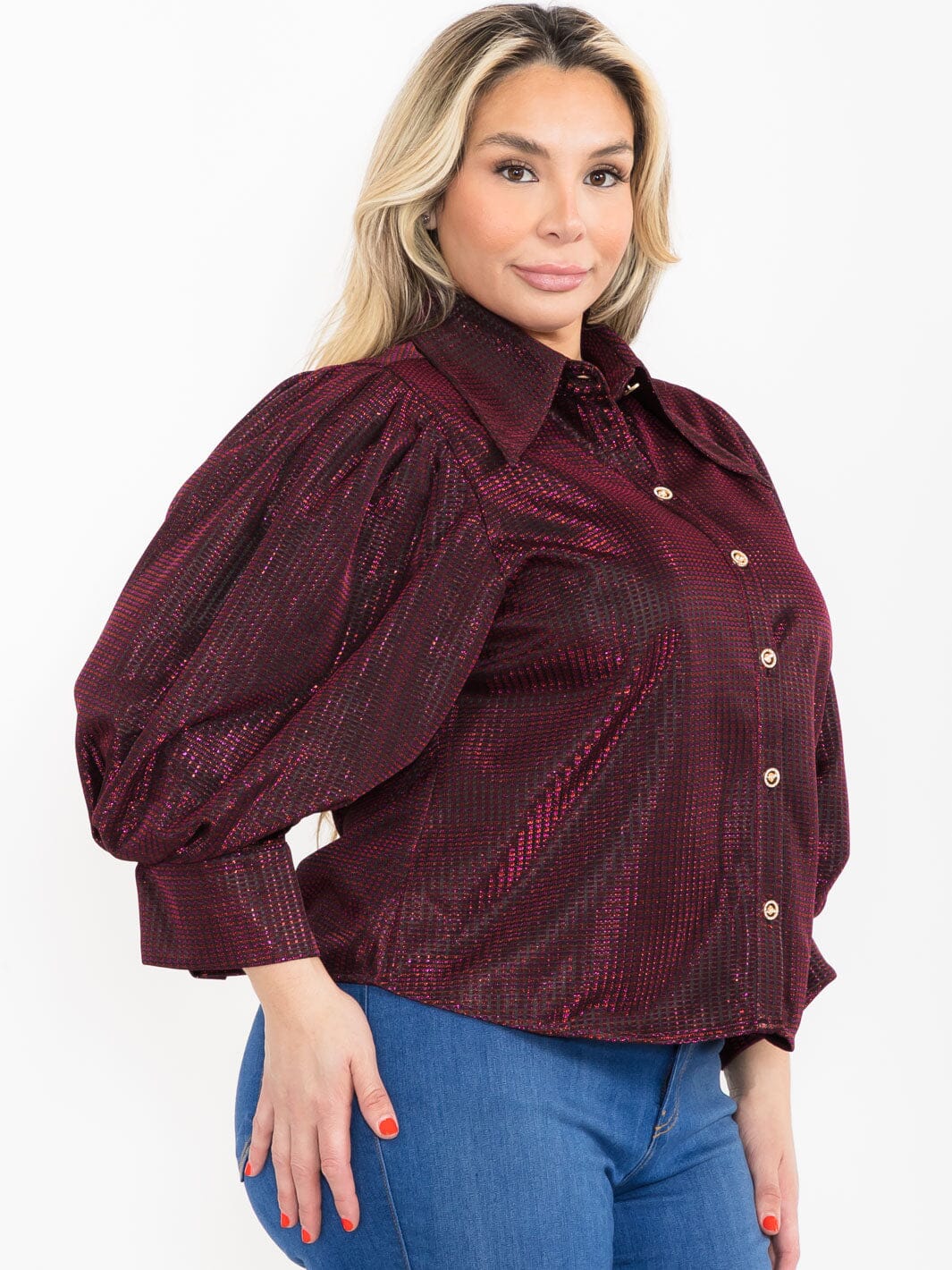 PLUS SIZE 3/4 PUFF SLEEVE BUTTON UP SHIMMER BLOUSE