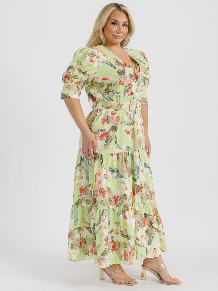 PLUS SIZE SHORT PUFF SLEEVE SURPLICE TIERED FLORAL BELTED MAXI DRESS