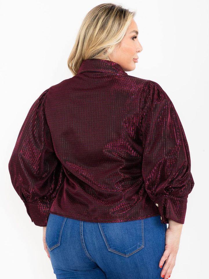 PLUS SIZE 3/4 PUFF SLEEVE BUTTON UP SHIMMER BLOUSE