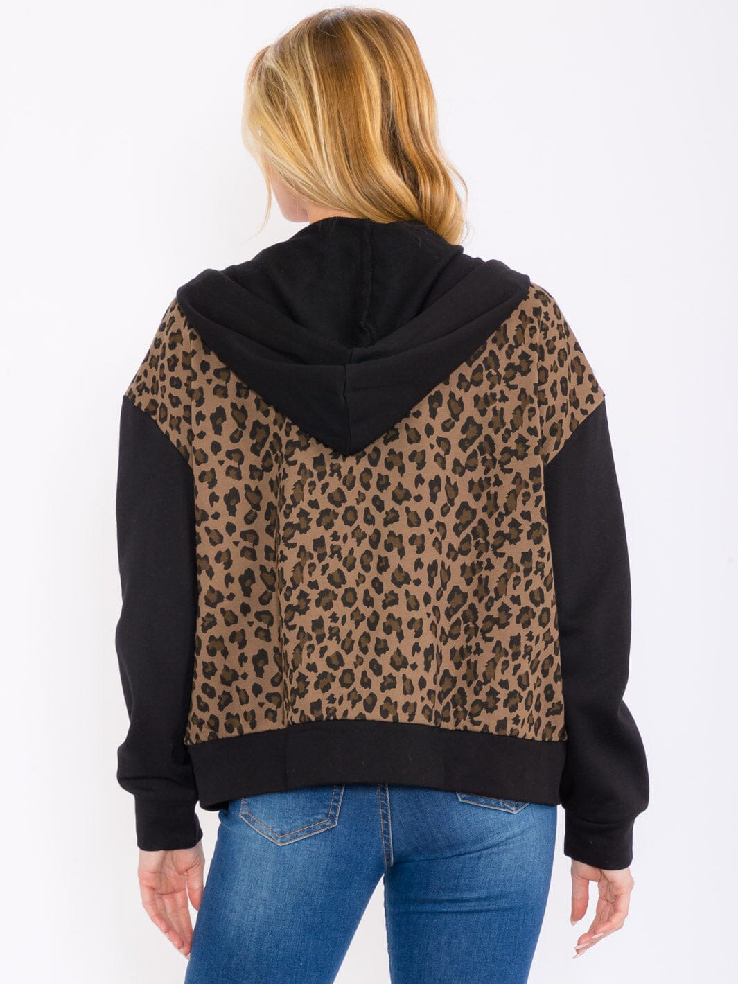 WOMEN'S LONG SLEEVE ZIP UP FRONT POCKETS ANIMAL PRINT HOODED JACKET