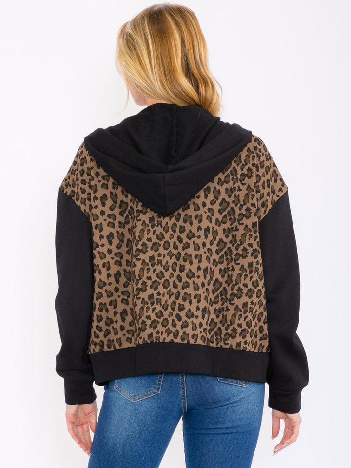 WOMEN'S LONG SLEEVE ZIP UP FRONT POCKETS ANIMAL PRINT HOODED JACKET