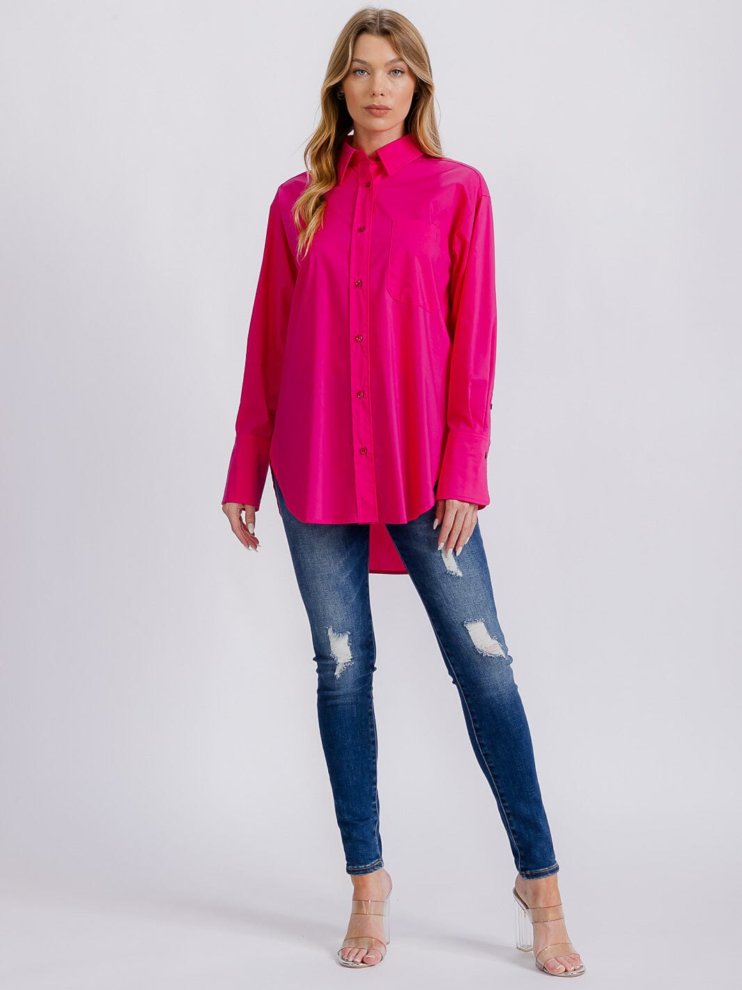 WOMEN'S LONG SLEEVE BUTTON CLOSURE SOLID HIGH-LOW BLOUSE