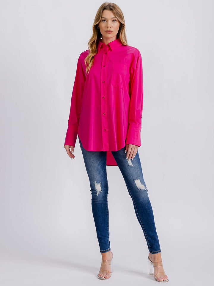 WOMEN'S LONG SLEEVE BUTTON CLOSURE SOLID HIGH-LOW BLOUSE