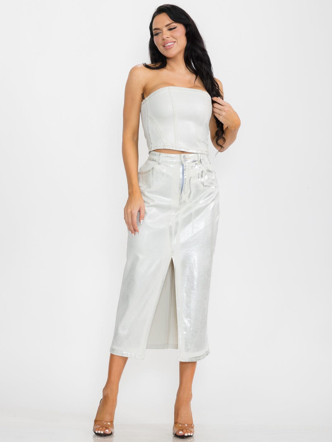 WOMEN'S CROP TOP & MAXI SKIRT SHIMMER DENIM 2PC. SET