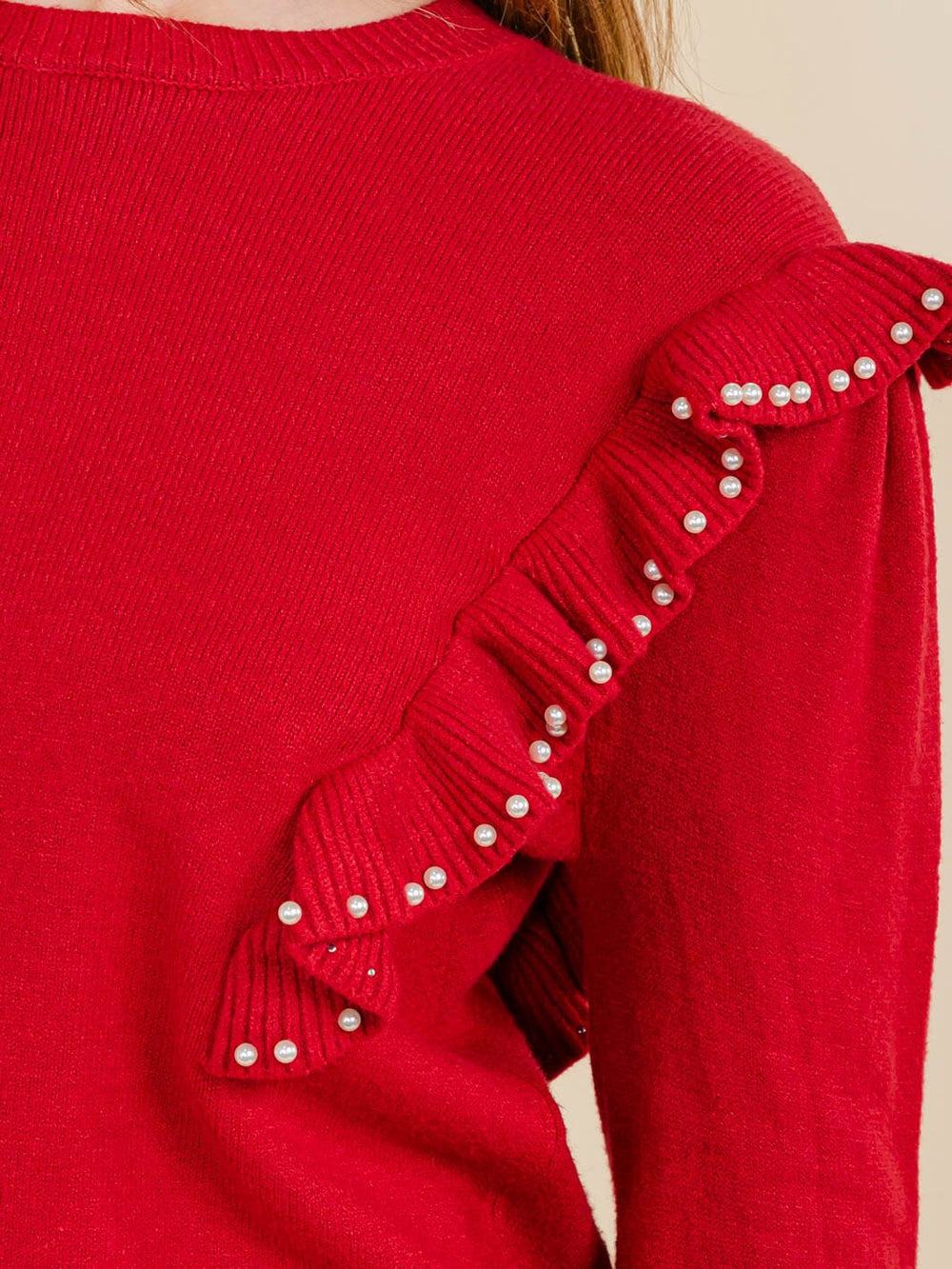 WOMEN'S LONG SLEEVE RUFFLE PEARL TRIM BLOUSE