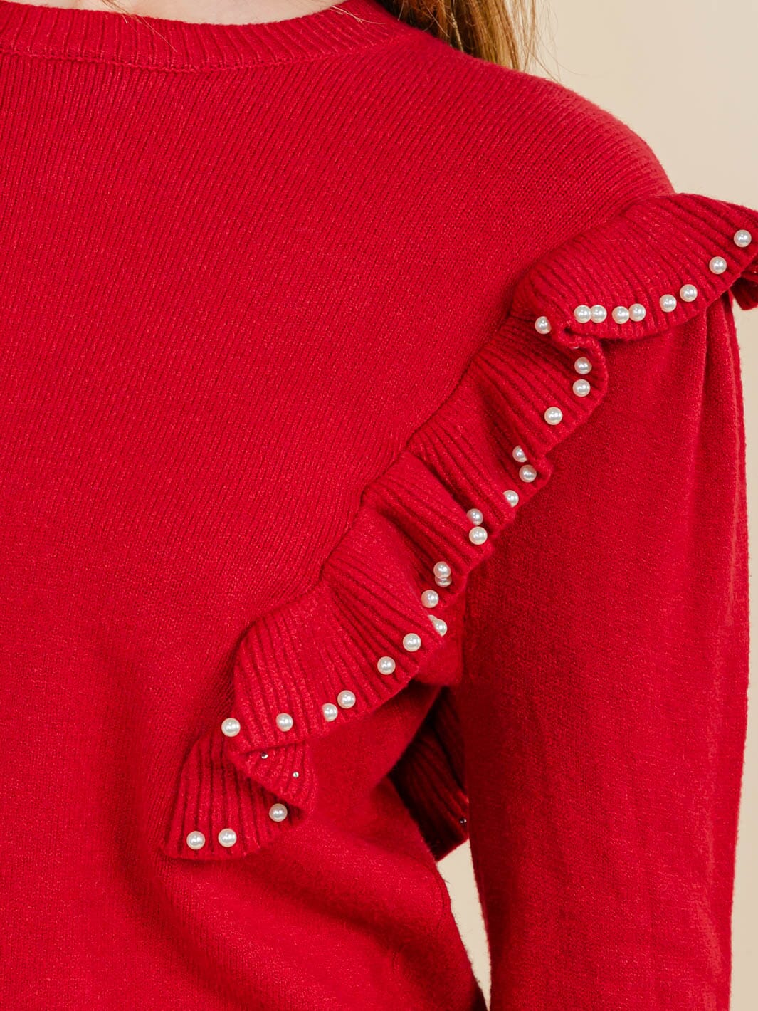 WOMEN'S LONG SLEEVE RUFFLE PEARL TRIM BLOUSE