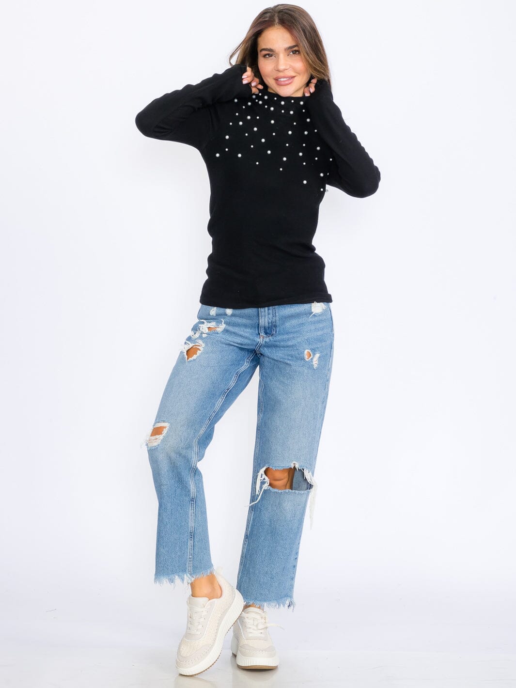 WOMEN'S LONG SLEEVES MOCK NECK PEAR DETAILED TOP