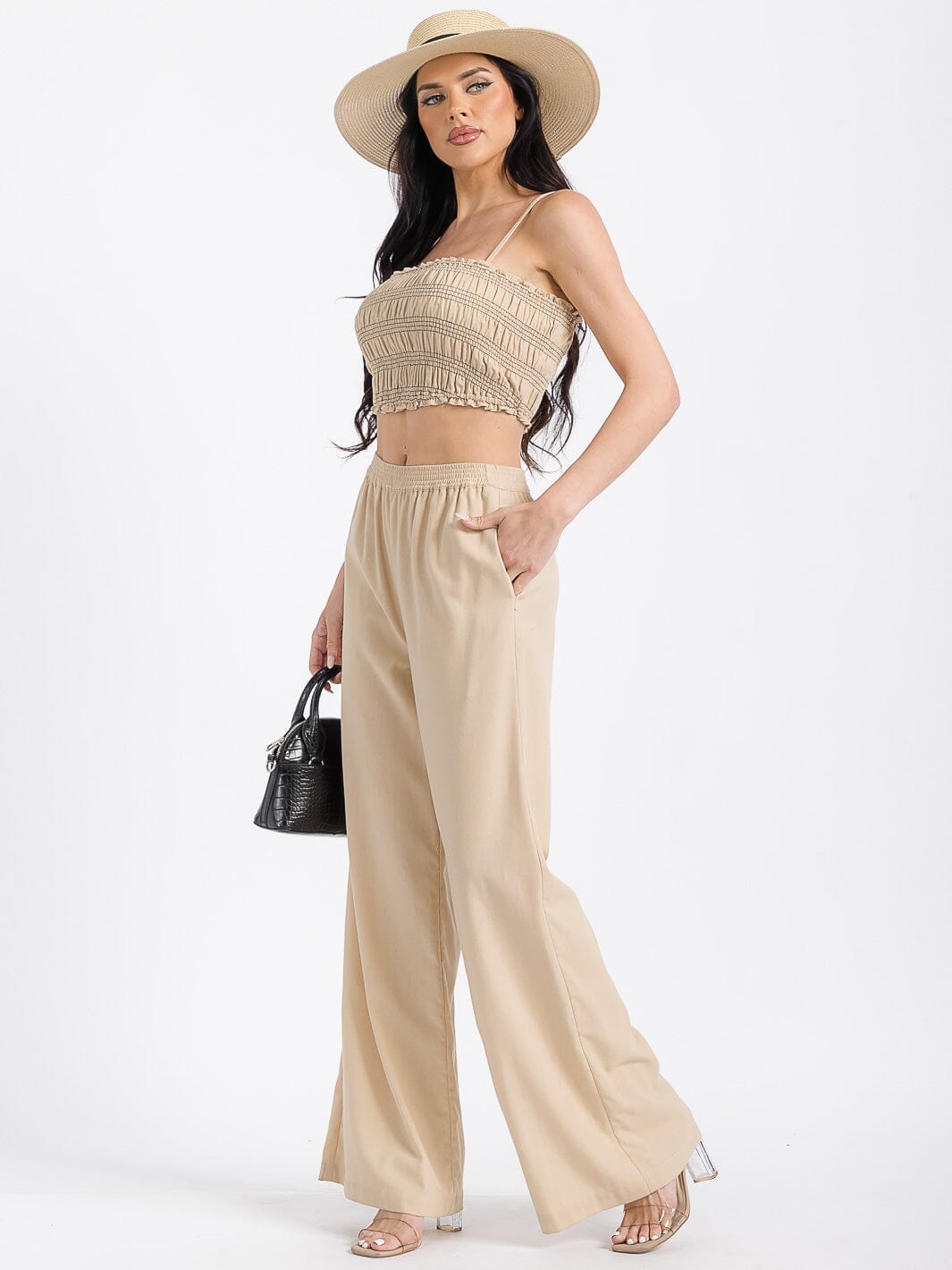 WOMEN'S CROP SMOCK TOP & ELASTIC WAIST PANTS SOLID 2PC. SET