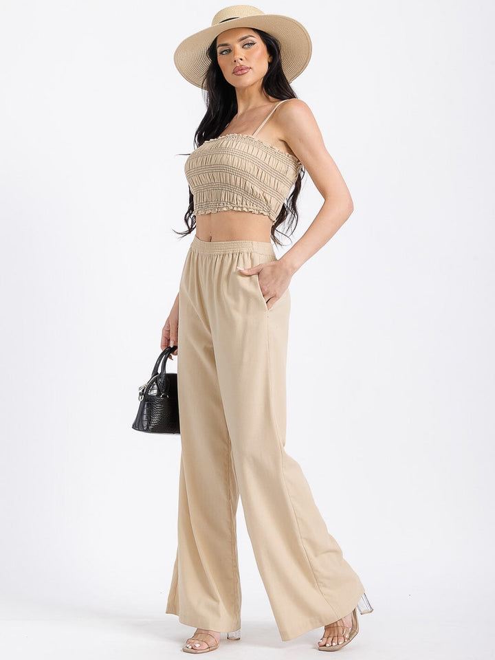 WOMEN'S CROP SMOCK TOP & ELASTIC WAIST PANTS SOLID 2PC. SET