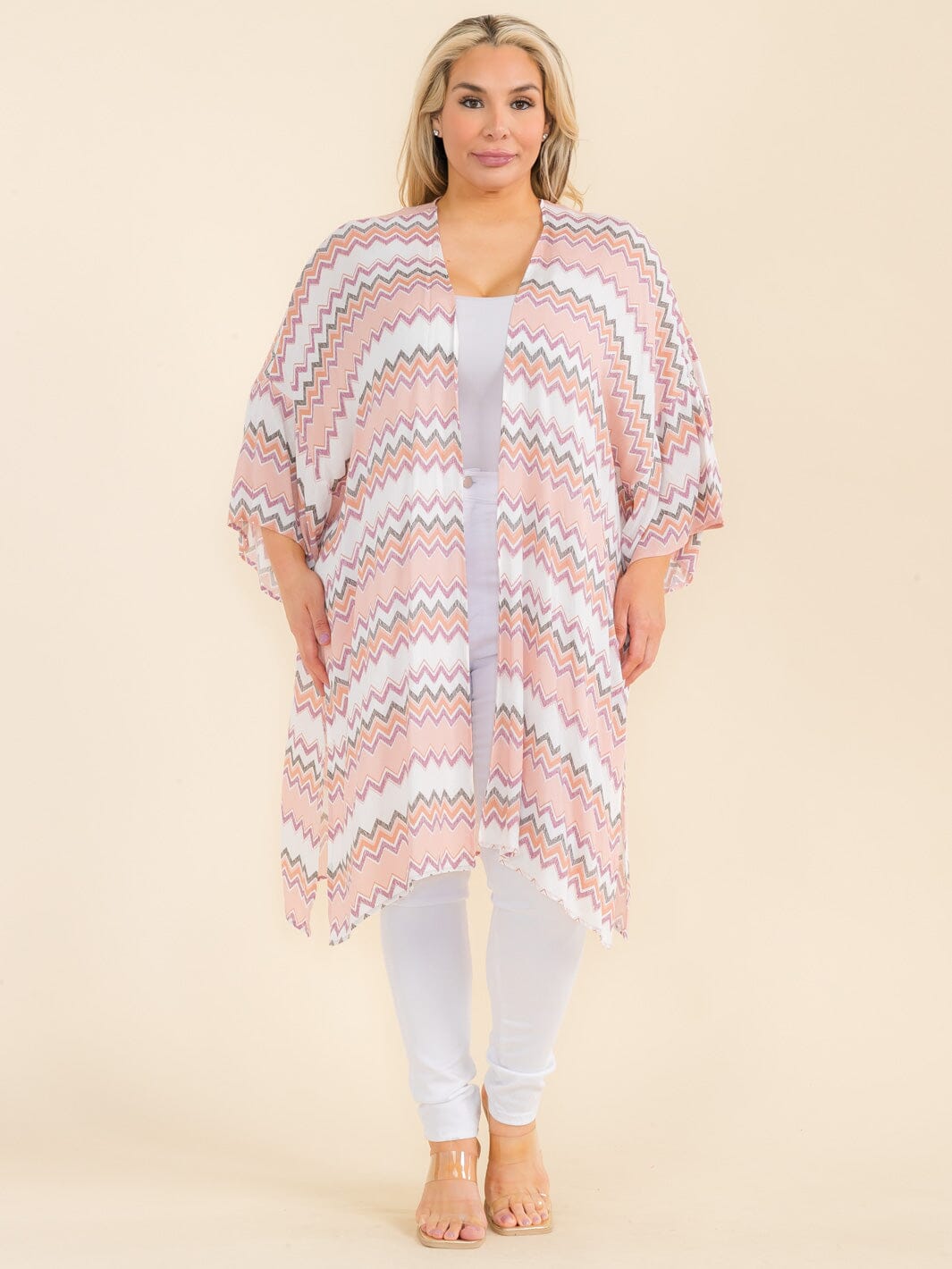 PLUS SIZE SHORT SLEEVE OPEN FRONT MULTI PRINT CARDIGAN