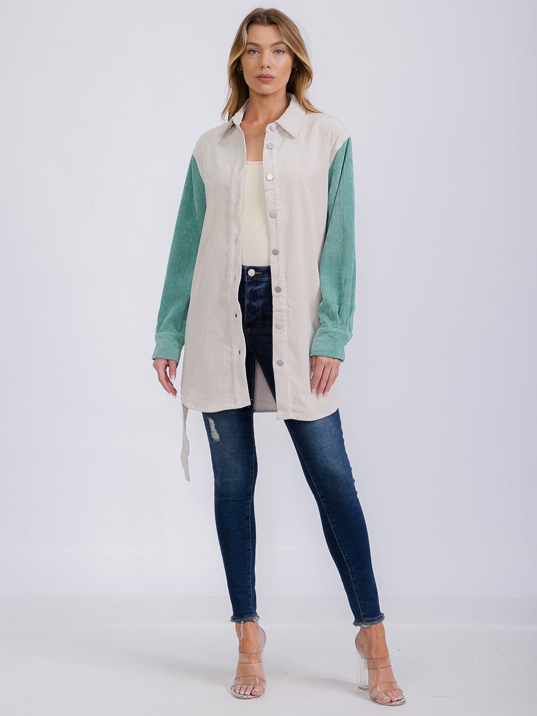 WOMEN'S LONG SLEEVE BUTTON CLOSURE SELF TIE COLORBLOCK CORDUROY SHACKET