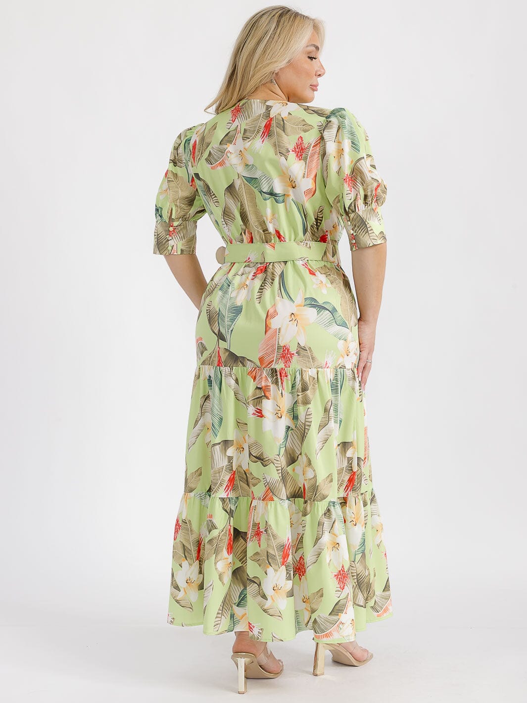 PLUS SIZE SHORT PUFF SLEEVE SURPLICE TIERED FLORAL BELTED MAXI DRESS