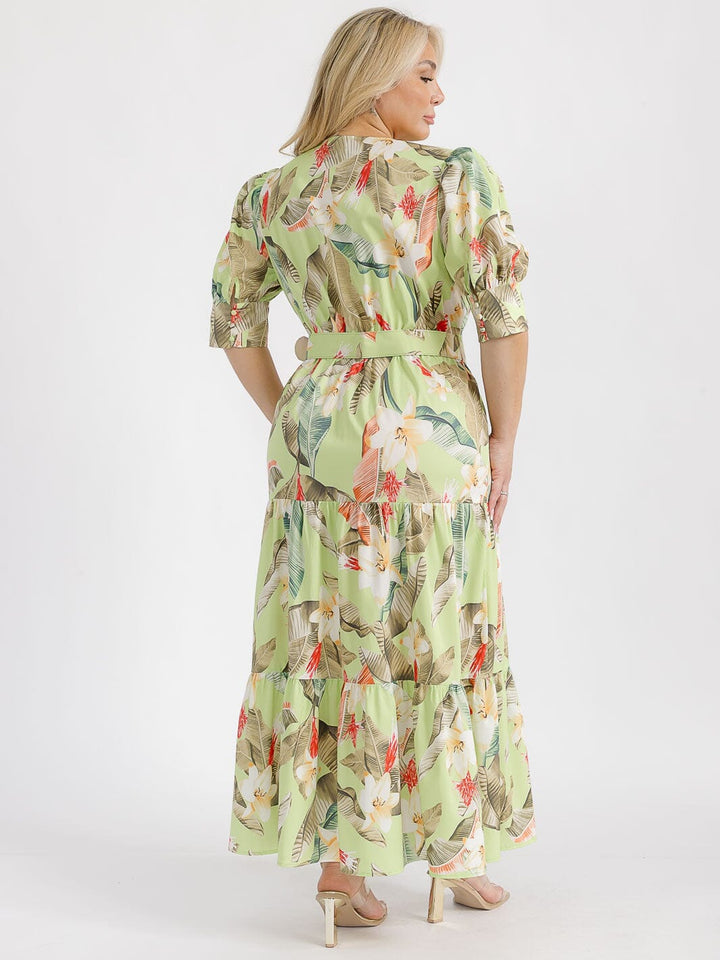 PLUS SIZE SHORT PUFF SLEEVE SURPLICE TIERED FLORAL BELTED MAXI DRESS