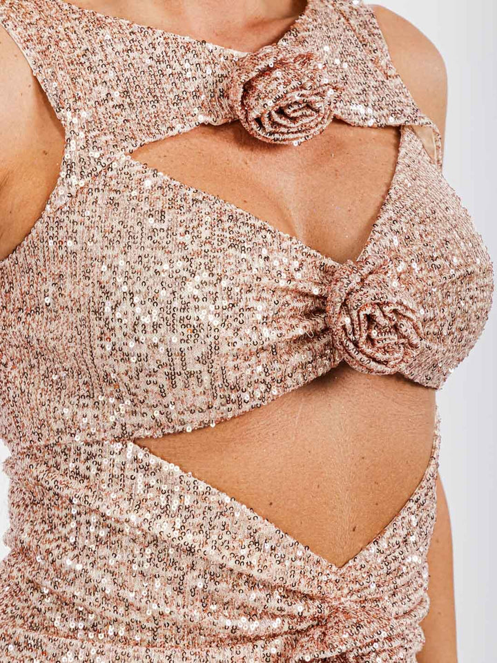 WOMEN'S SLEEVELESS CUT OUT SEQUINS FLOWERS TOP