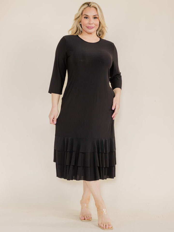 PLUS SIZE 3/4 SLEEVE FRONT POCKETS TIERED RUFFLE BOTTOM HEM MAXI DRESS