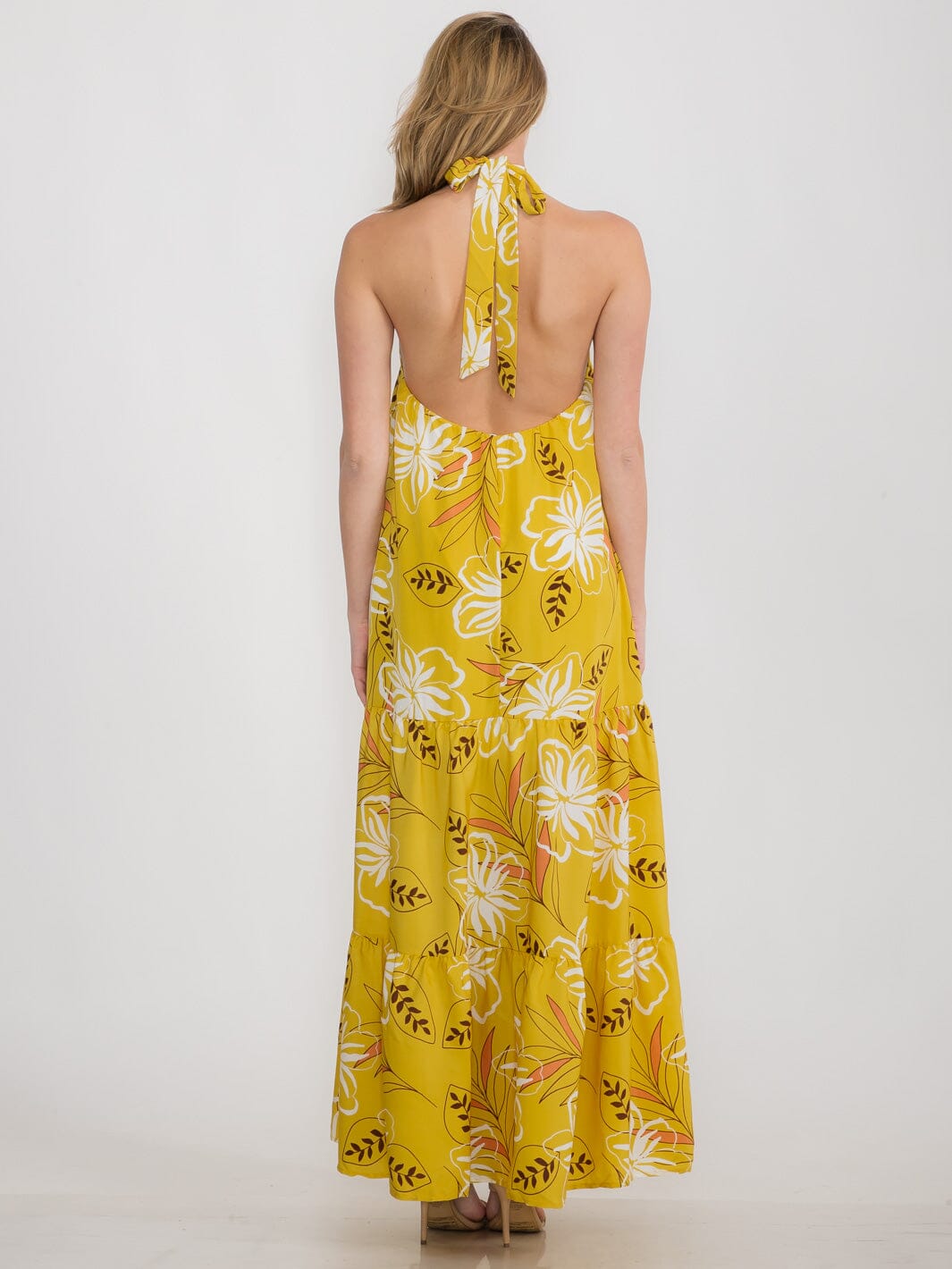 WOMEN'S SLEEVELESS HALTER NECK OPEN BACK FLORAL MAXI DRESS