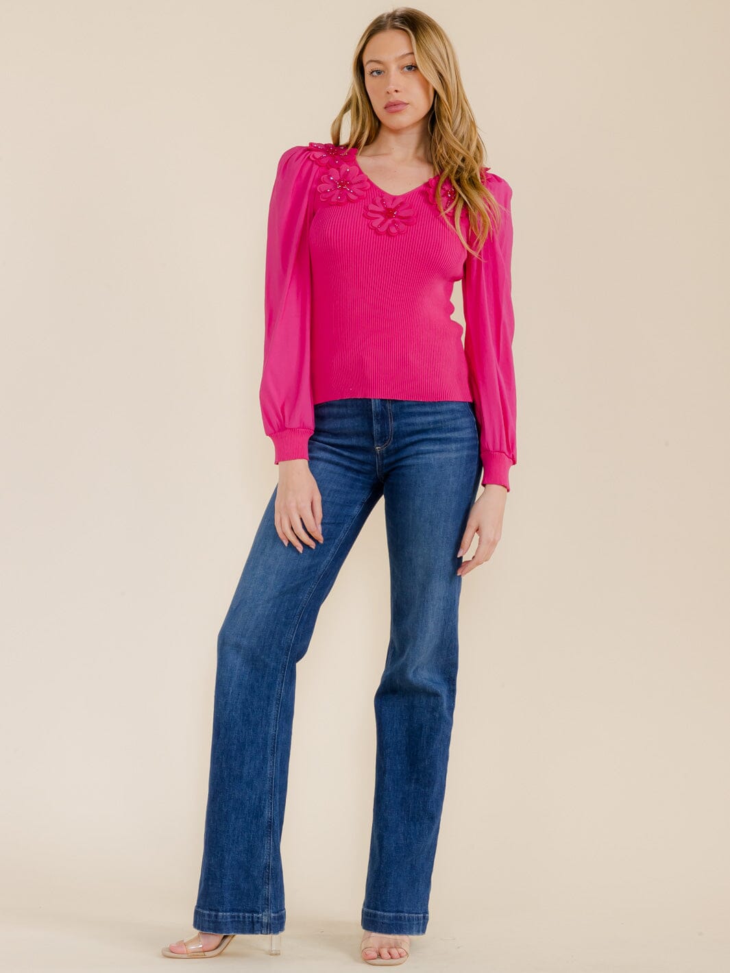 WOMEN'S LONG SLEEVE V-NECK FLOWERS BLOUSE