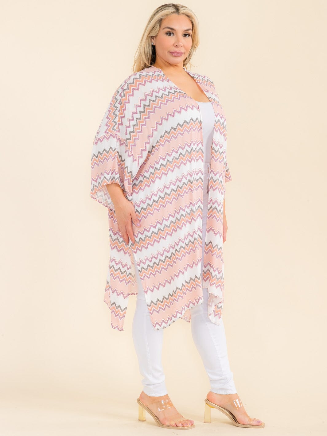 PLUS SIZE SHORT SLEEVE OPEN FRONT MULTI PRINT CARDIGAN