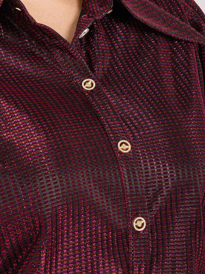 PLUS SIZE 3/4 PUFF SLEEVE BUTTON UP SHIMMER BLOUSE