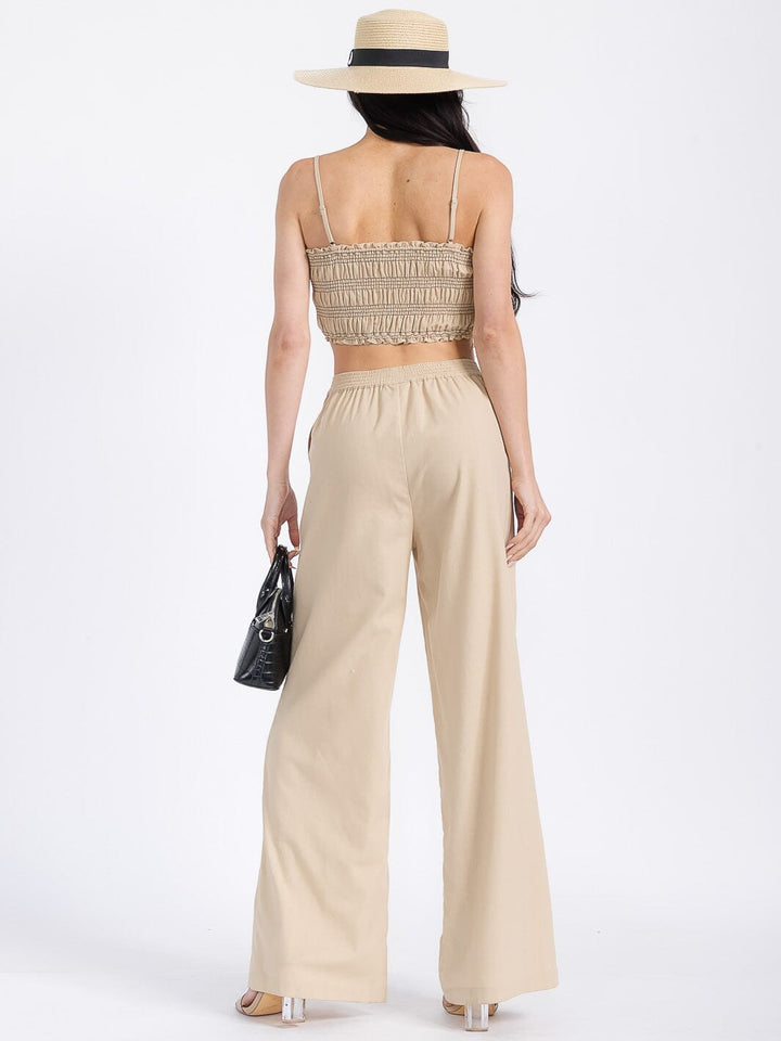 WOMEN'S CROP SMOCK TOP & ELASTIC WAIST PANTS SOLID 2PC. SET