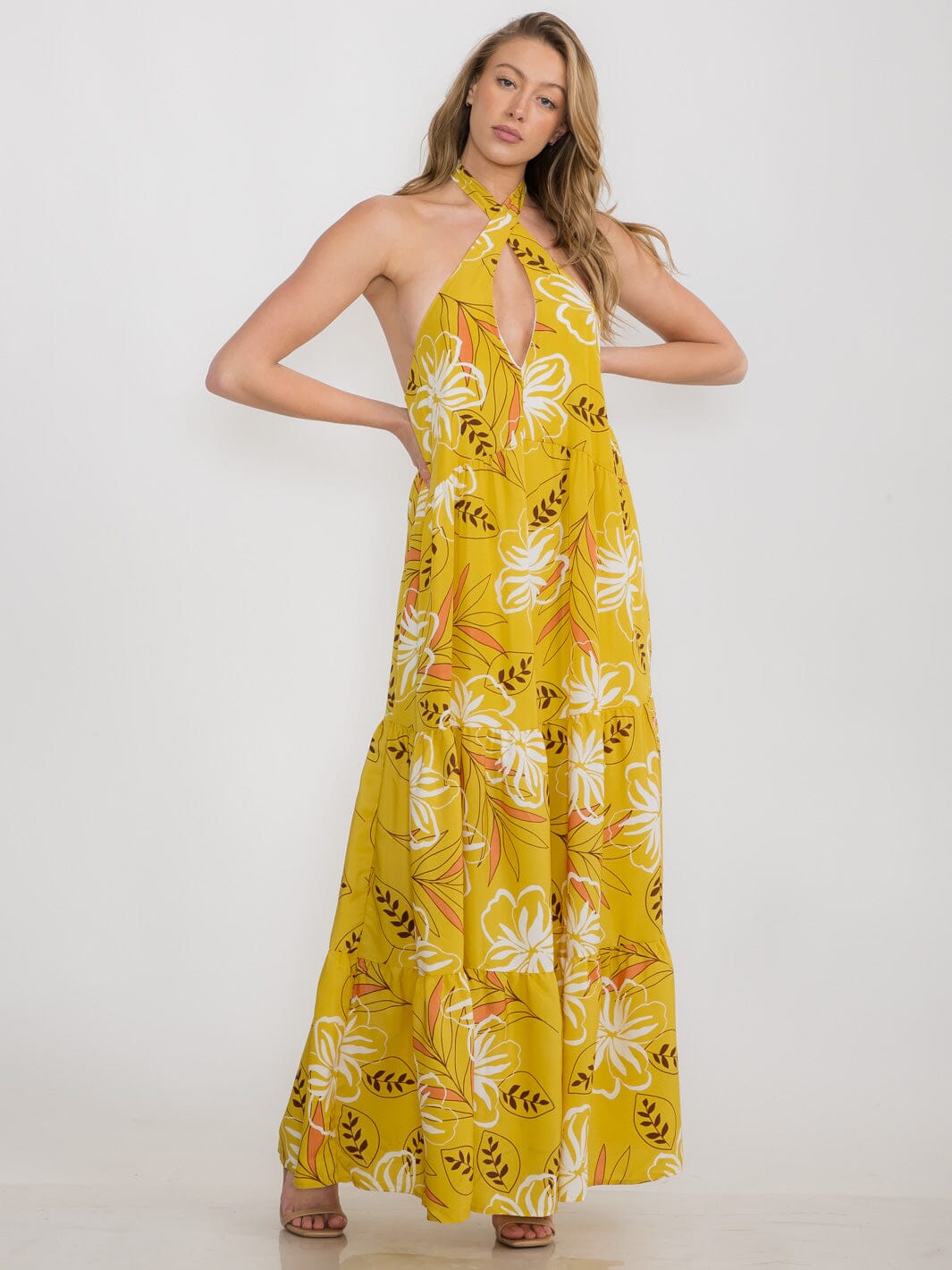 WOMEN'S SLEEVELESS HALTER NECK OPEN BACK FLORAL MAXI DRESS