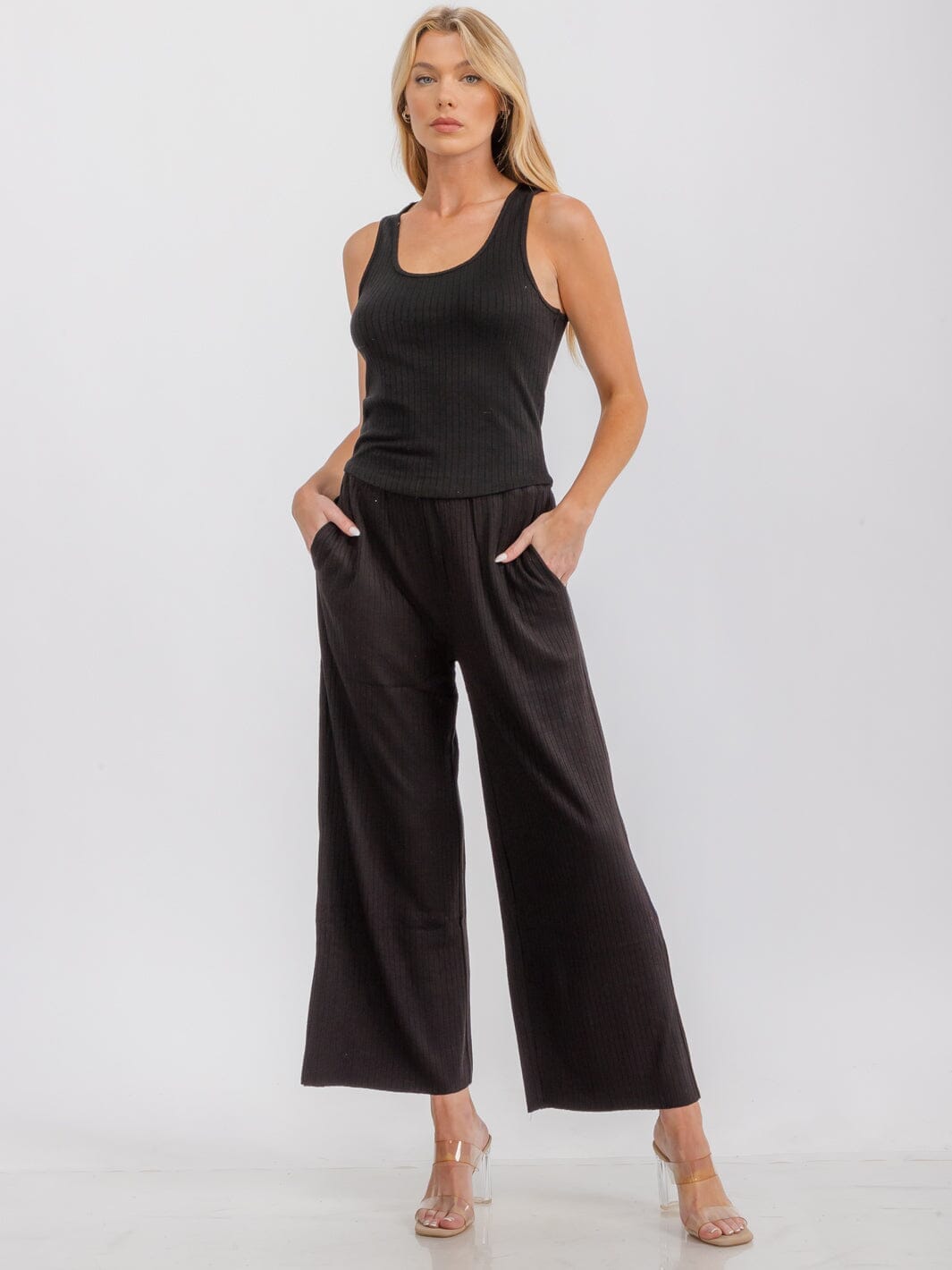 WOMEN'S SLEEVELESS TANK TOP & ELASTIC WAIST PANTS RIBBED 2PC SET