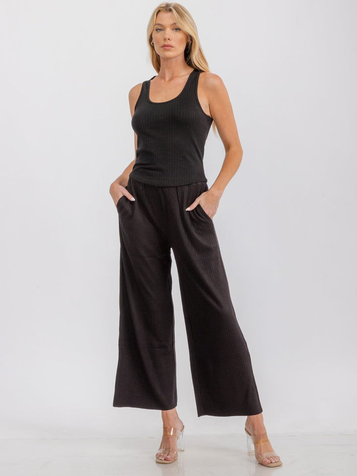 WOMEN'S SLEEVELESS TANK TOP & ELASTIC WAIST PANTS RIBBED 2PC SET