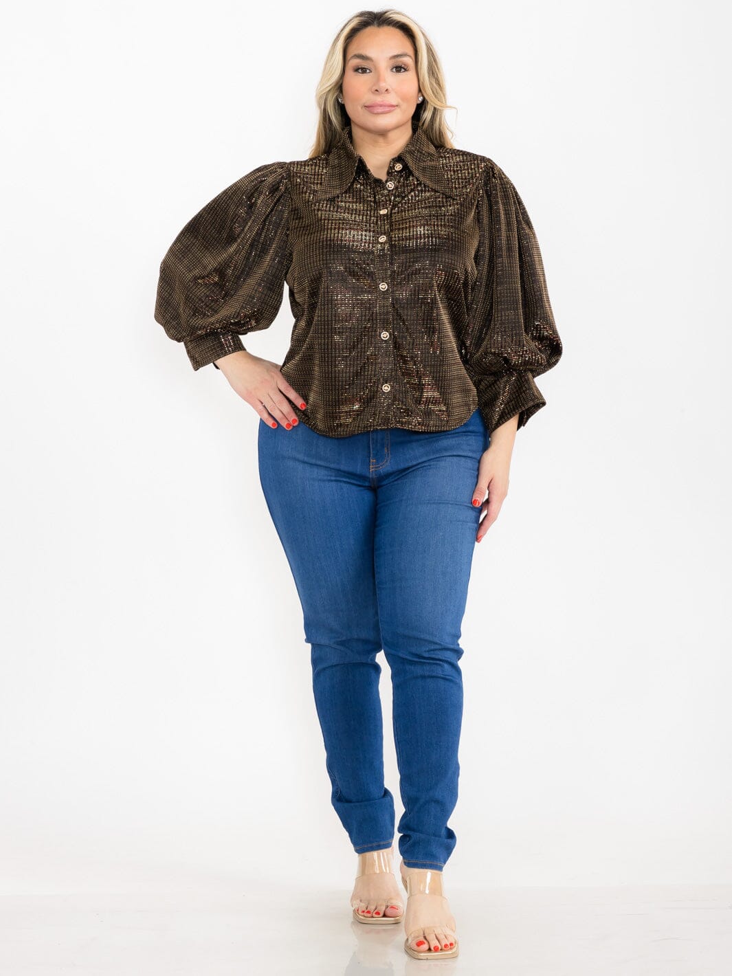PLUS SIZE 3/4 PUFF SLEEVE BUTTON UP SHIMMER BLOUSE
