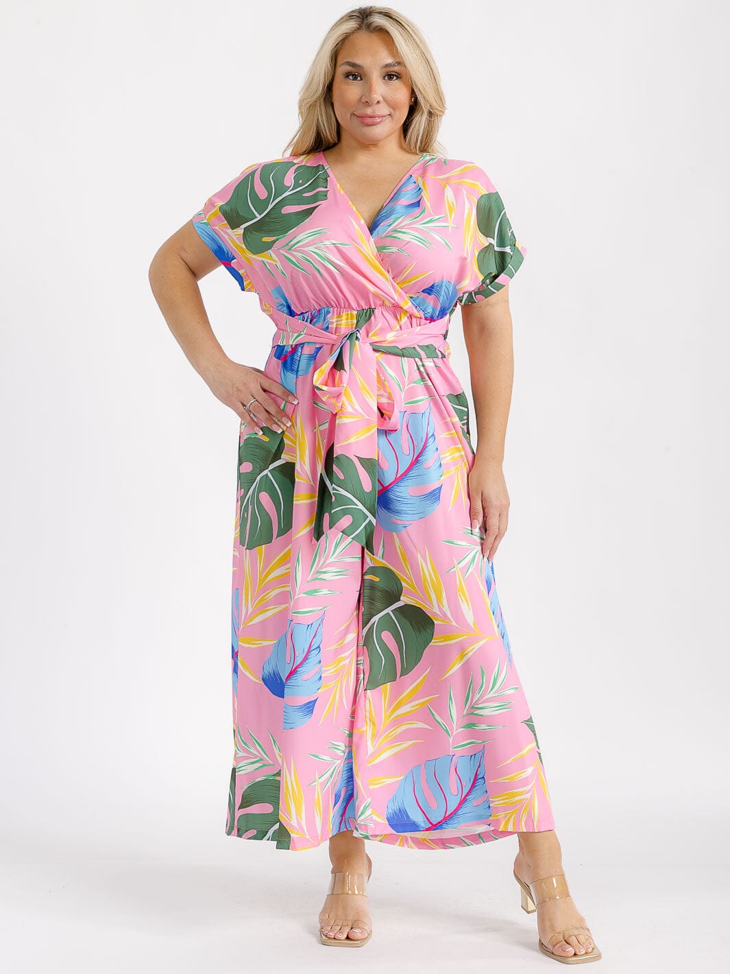 PLUS SIZE SHORT SLEEVE SURPLICE ELASTIC WAIST LEAF PRINT WIDE LEG JUMPSUIT