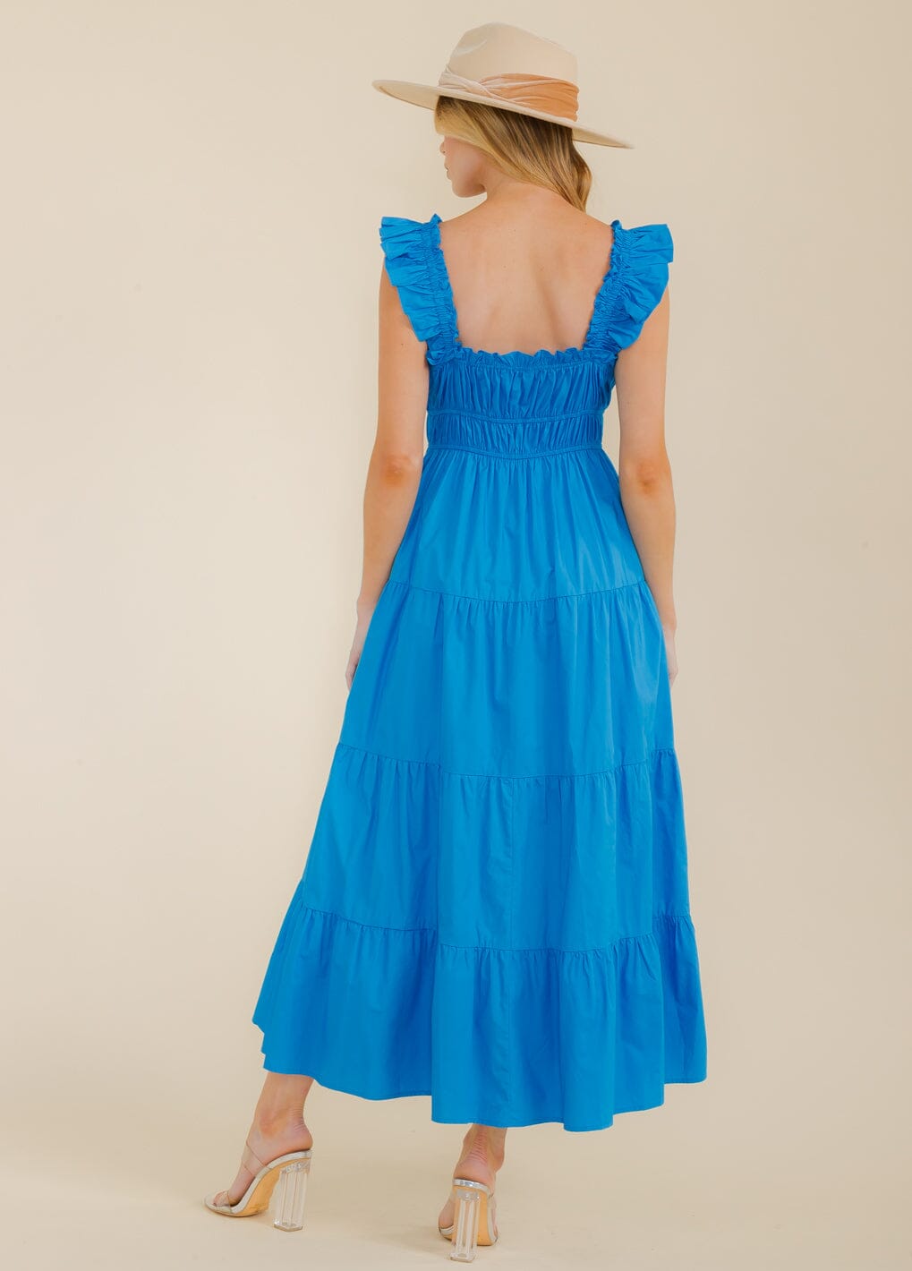 WOMEN'S RUFFLE SLEEVE SMOCK FRONT POCKETS TIERED MAXI DRESS