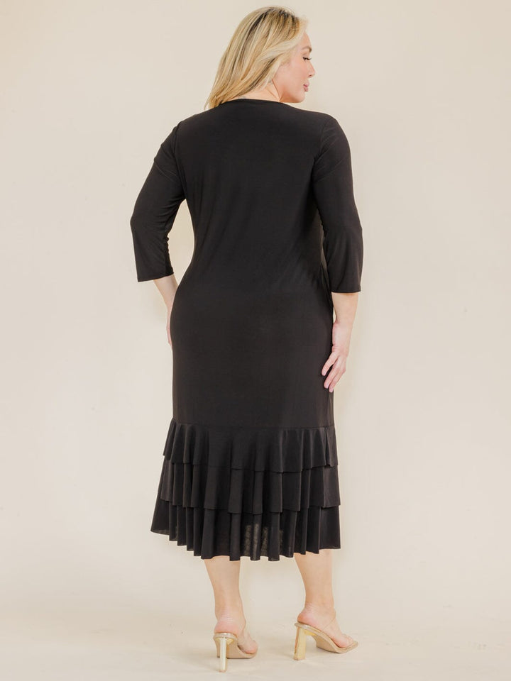 PLUS SIZE 3/4 SLEEVE FRONT POCKETS TIERED RUFFLE BOTTOM HEM MAXI DRESS