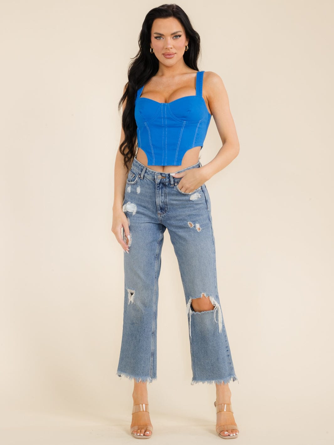 WOMEN'S SLEEVELESS ZIPPER CLOSURE DENIM CROP TOP