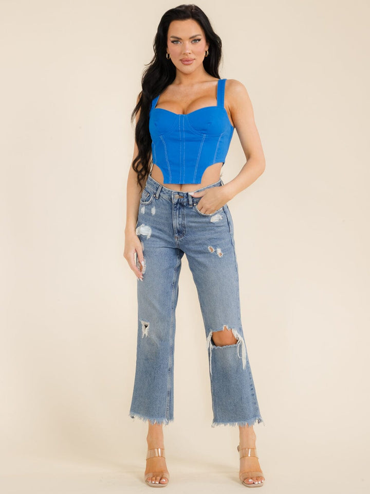 WOMEN'S SLEEVELESS ZIPPER CLOSURE DENIM CROP TOP