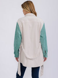 WOMEN'S LONG SLEEVE BUTTON CLOSURE SELF TIE COLORBLOCK CORDUROY SHACKET