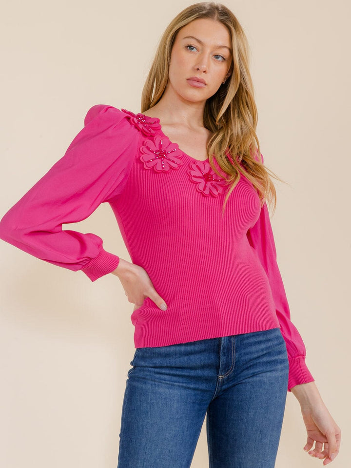 WOMEN'S LONG SLEEVE V-NECK FLOWERS BLOUSE