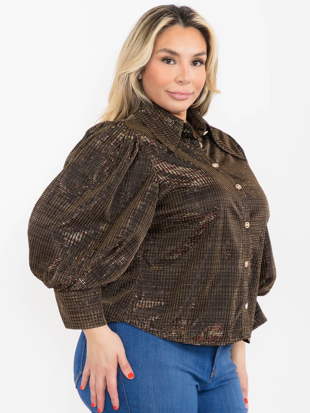 PLUS SIZE 3/4 PUFF SLEEVE BUTTON UP SHIMMER BLOUSE