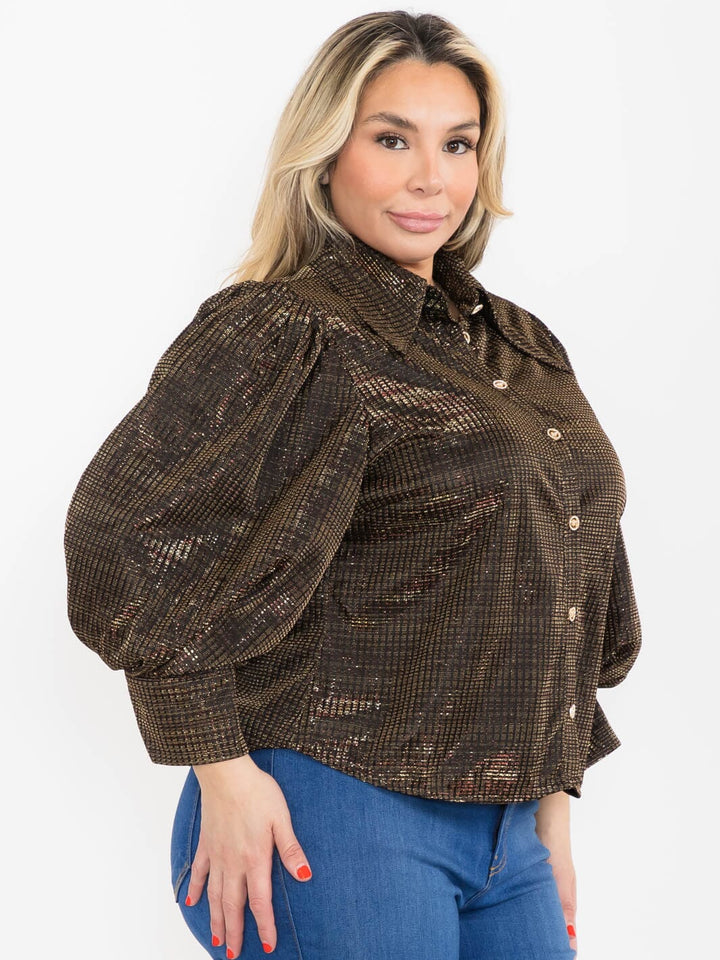 PLUS SIZE 3/4 PUFF SLEEVE BUTTON UP SHIMMER BLOUSE