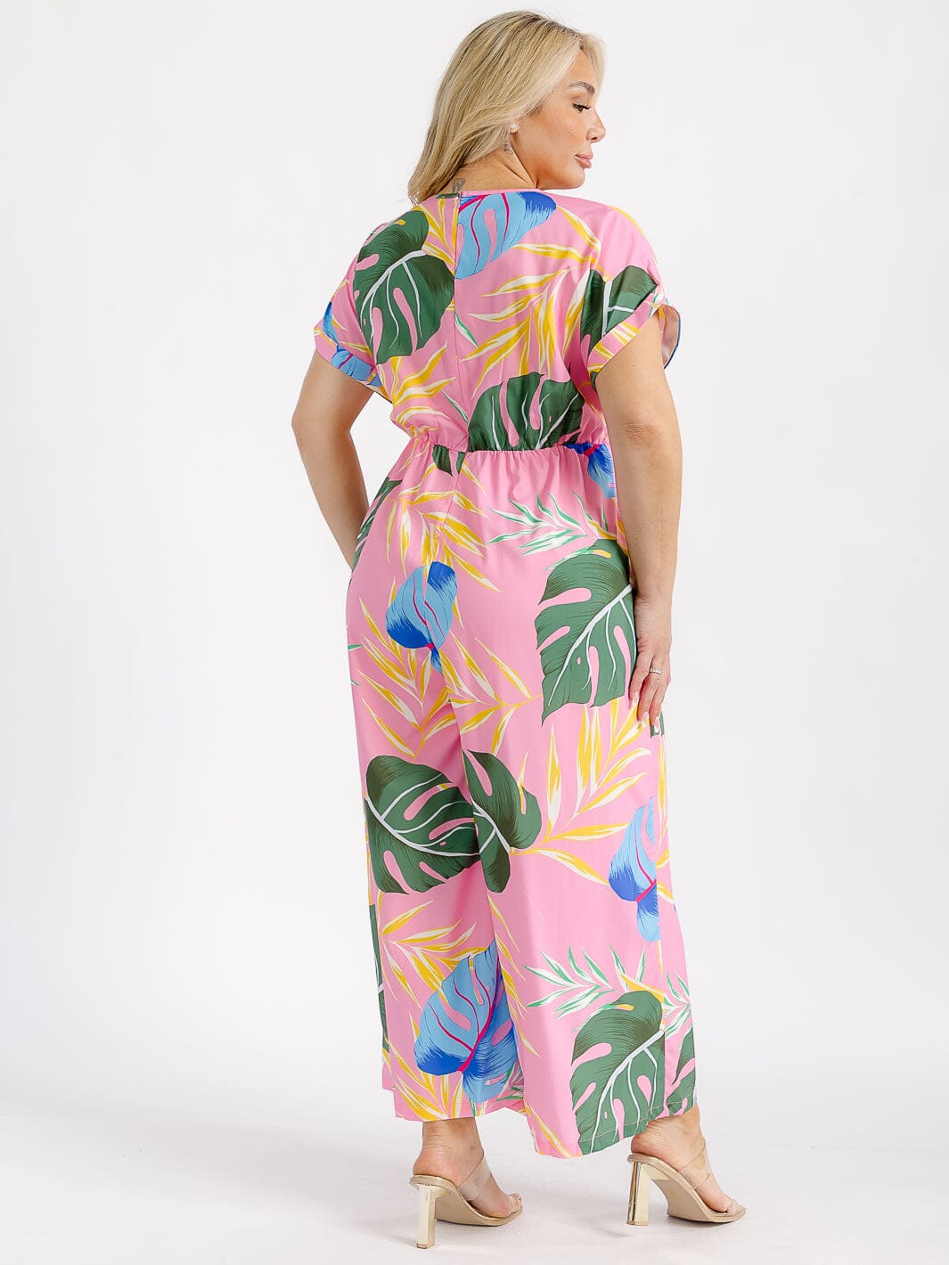 PLUS SIZE SHORT SLEEVE SURPLICE ELASTIC WAIST LEAF PRINT WIDE LEG JUMPSUIT