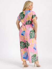 PLUS SIZE SHORT SLEEVE SURPLICE ELASTIC WAIST LEAF PRINT WIDE LEG JUMPSUIT